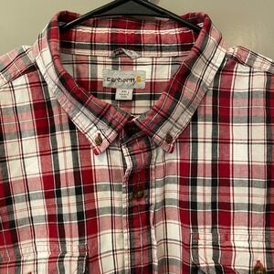 Carhartt Mens 2XL Relaxed Fit Short Sleeve Plaid Button Down Shirt Red White